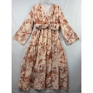 ANEWSTA Womens Maxi Dress Floral Long Sleeve V Neck Belted Tiered Beige Tan XL